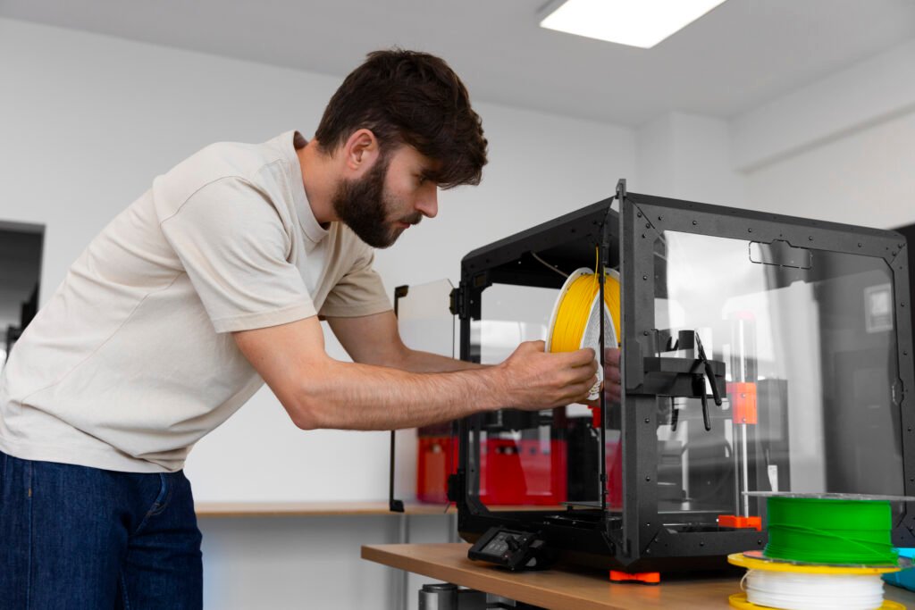 Homem colocando filamentos na impressora 3D