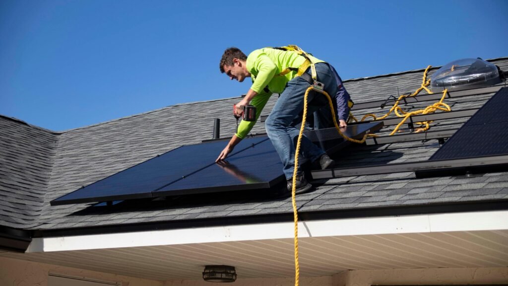 Homem parafusando placas solares em cima de uma casa, utilizando equipamento de segurança.