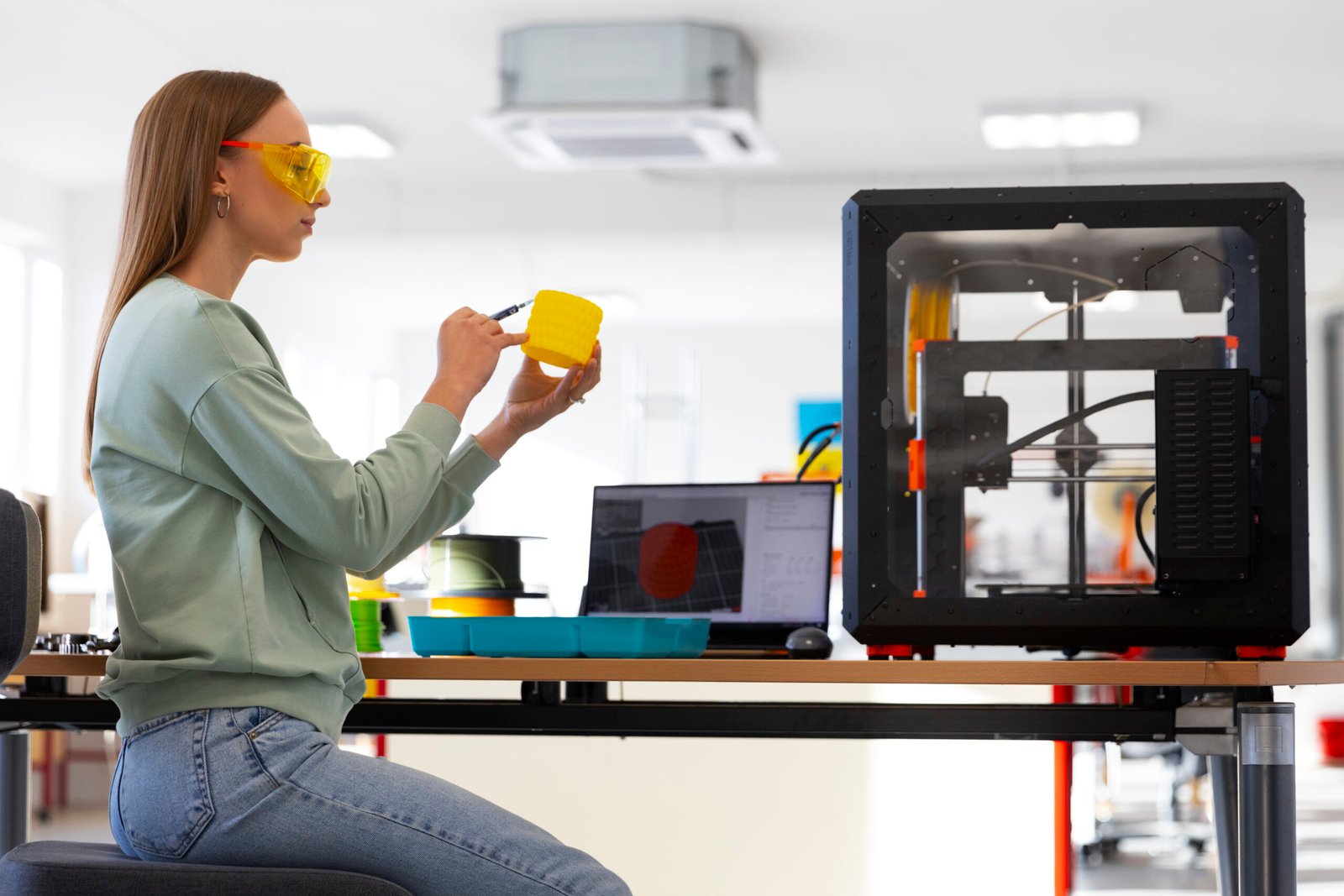 Mulher criando peças na impressora 3D